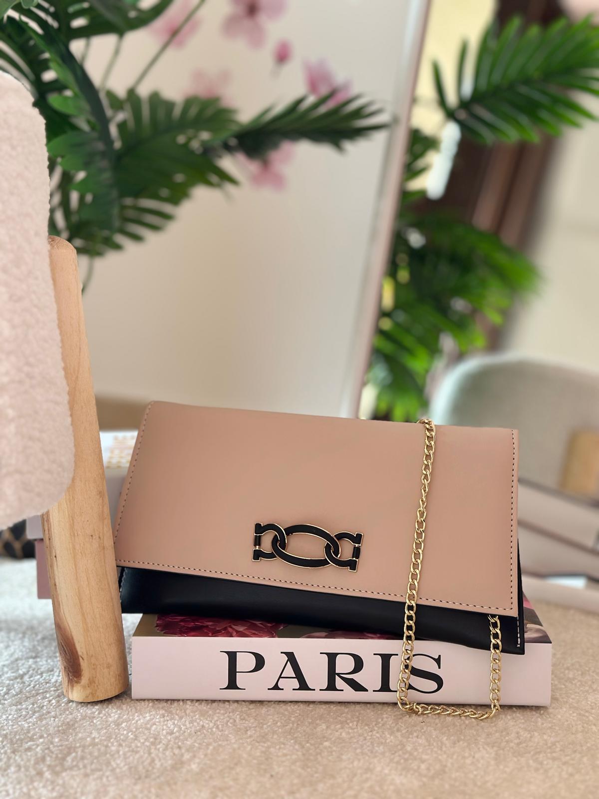 Clutch nude e nera/ borsa da sera con catena oro