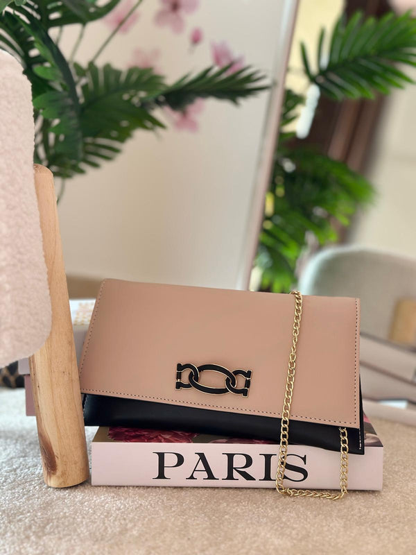 Clutch nude e nera/ borsa da sera con catena oro