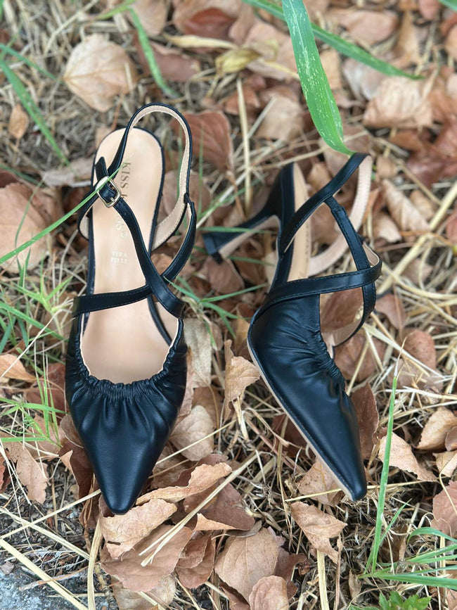 Décolleté Slingback AURA - pelle nera arricciata